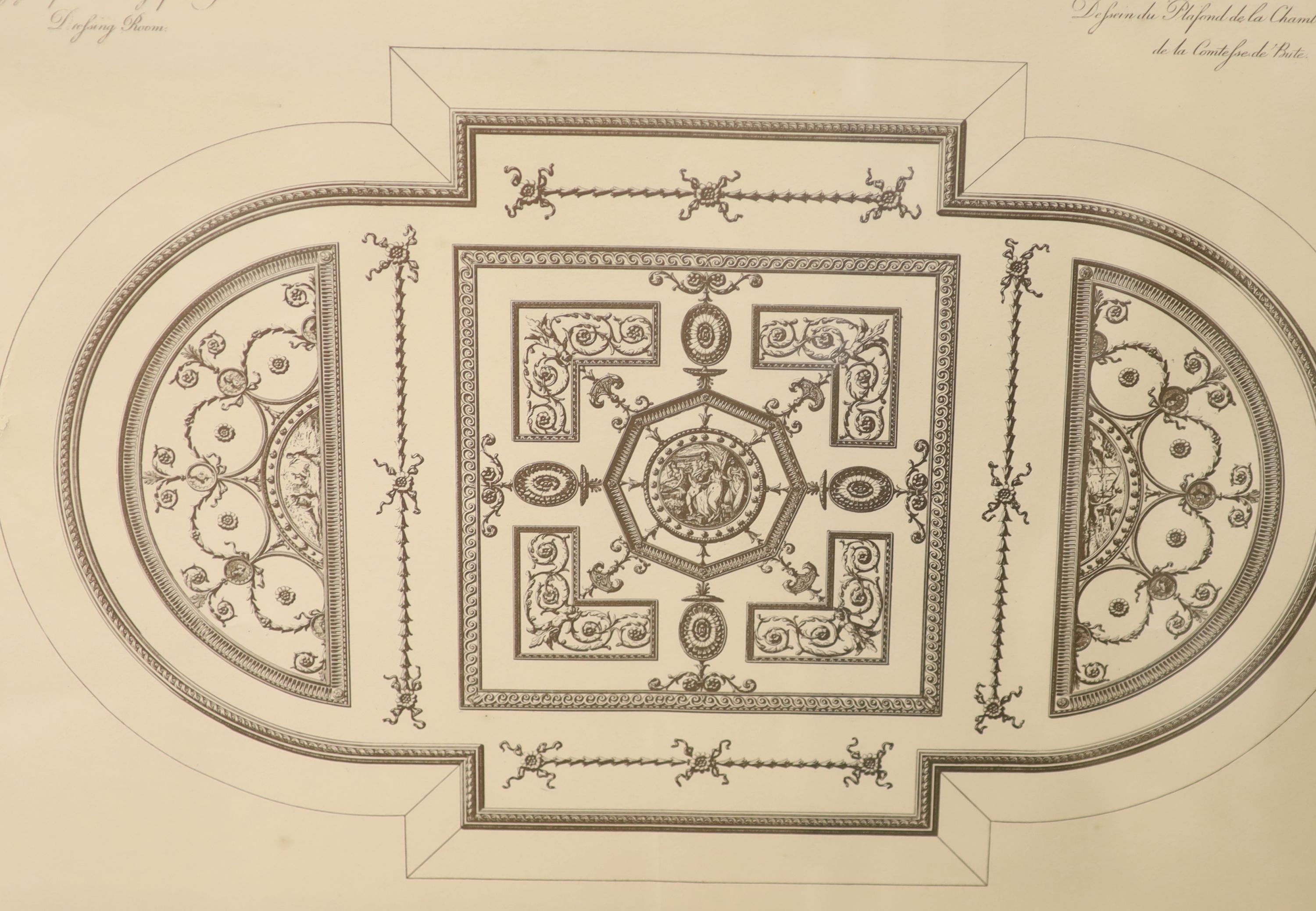 Five reprinted studies of architectural engravings, largest 33 x 46cm